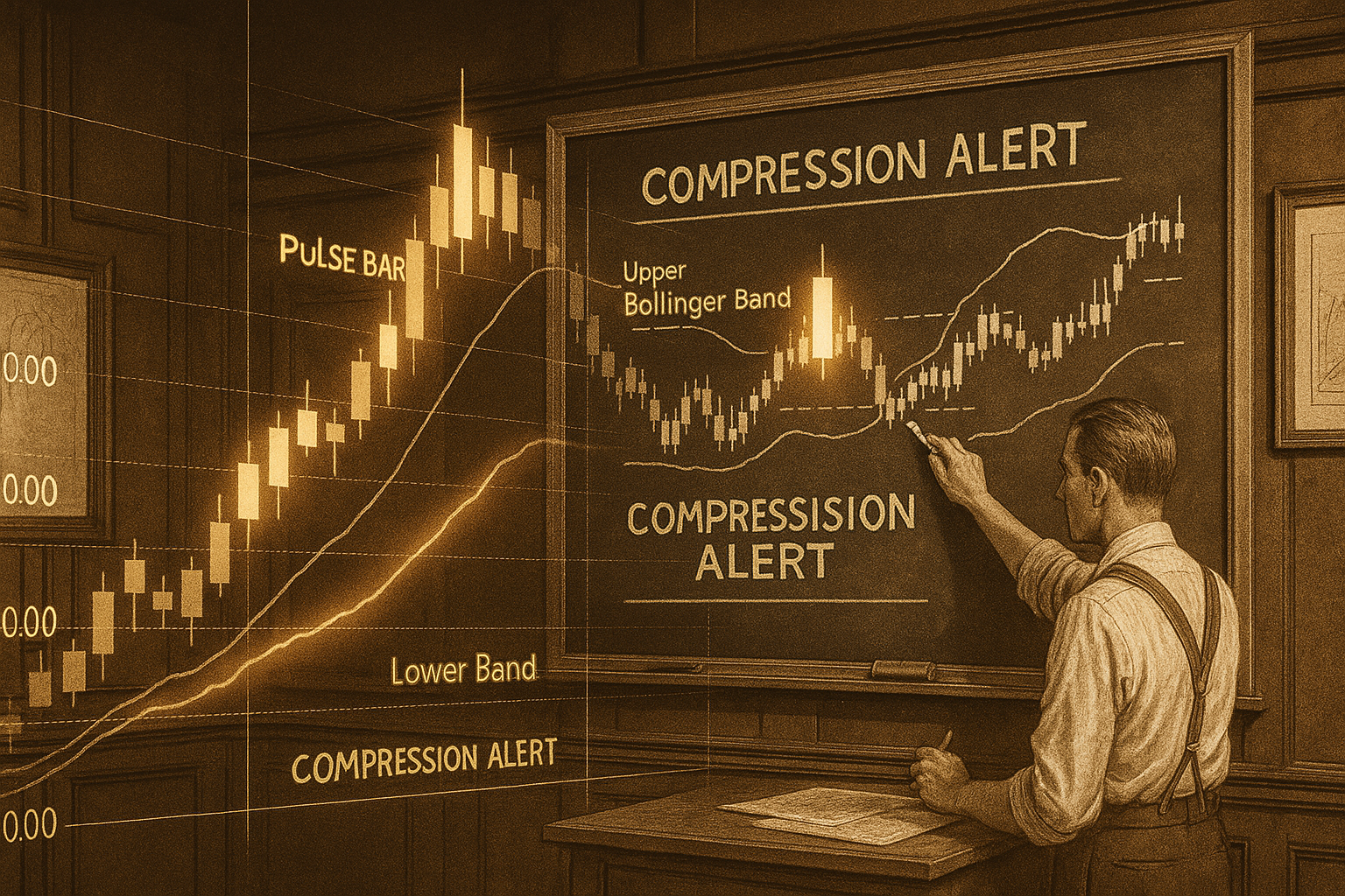 Vintage chart room fused with digital pulse bar overlays and compression warnings.