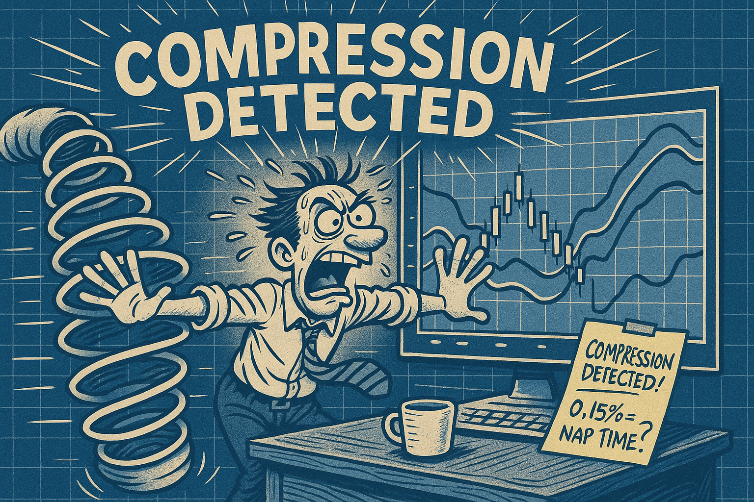 Cartoon trader compressed between sci-fi Bollinger Bands in blueprint grid style.