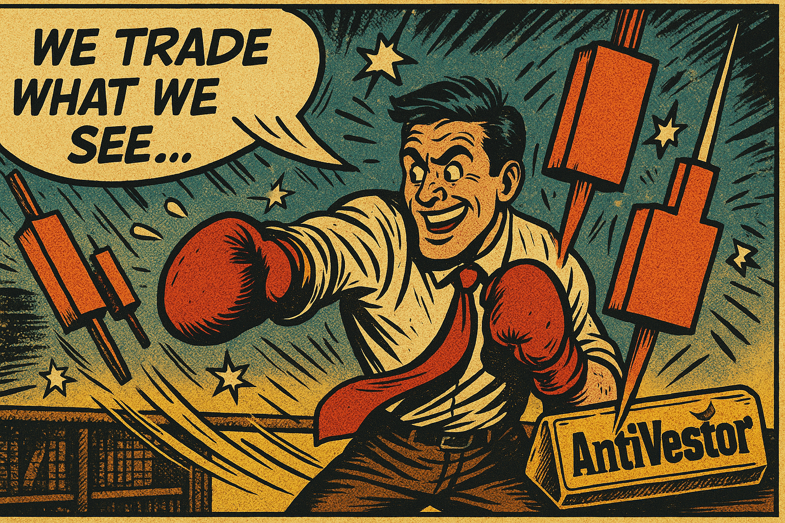 Comic panel of trader boxing with pulse bar candlesticks, AntiVestor style.
