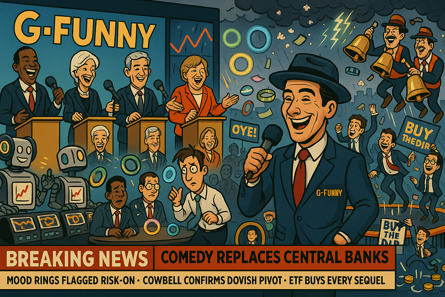 A surreal financial news broadcast mid-chaos. Foreground: “Mac,” now dressed in a G-Funny host blazer, holds a mic and laughs with a panel of global leaders attempting stand-up comedy at podiums. Midground: AI trading bots scan film reels to rebalance portfolios while glowing Market Mood Rings float above confused traders. To the right, traders bounce wildly on trampoline floors with “BUY THE DIP” signs flying. Background: Swiss bankers ring giant alpine cowbells labelled “Rate Hike” while storm clouds rain ticker tape and popcorn. Bottom Banner: “BREAKING NEWS: Comedy Replaces Central Banks • Market Bounces Now Literal” Ticker: “Mood Rings Flagged Risk-On • Cowbell Confirms Dovish Pivot • ETF Buys Every Sequel”