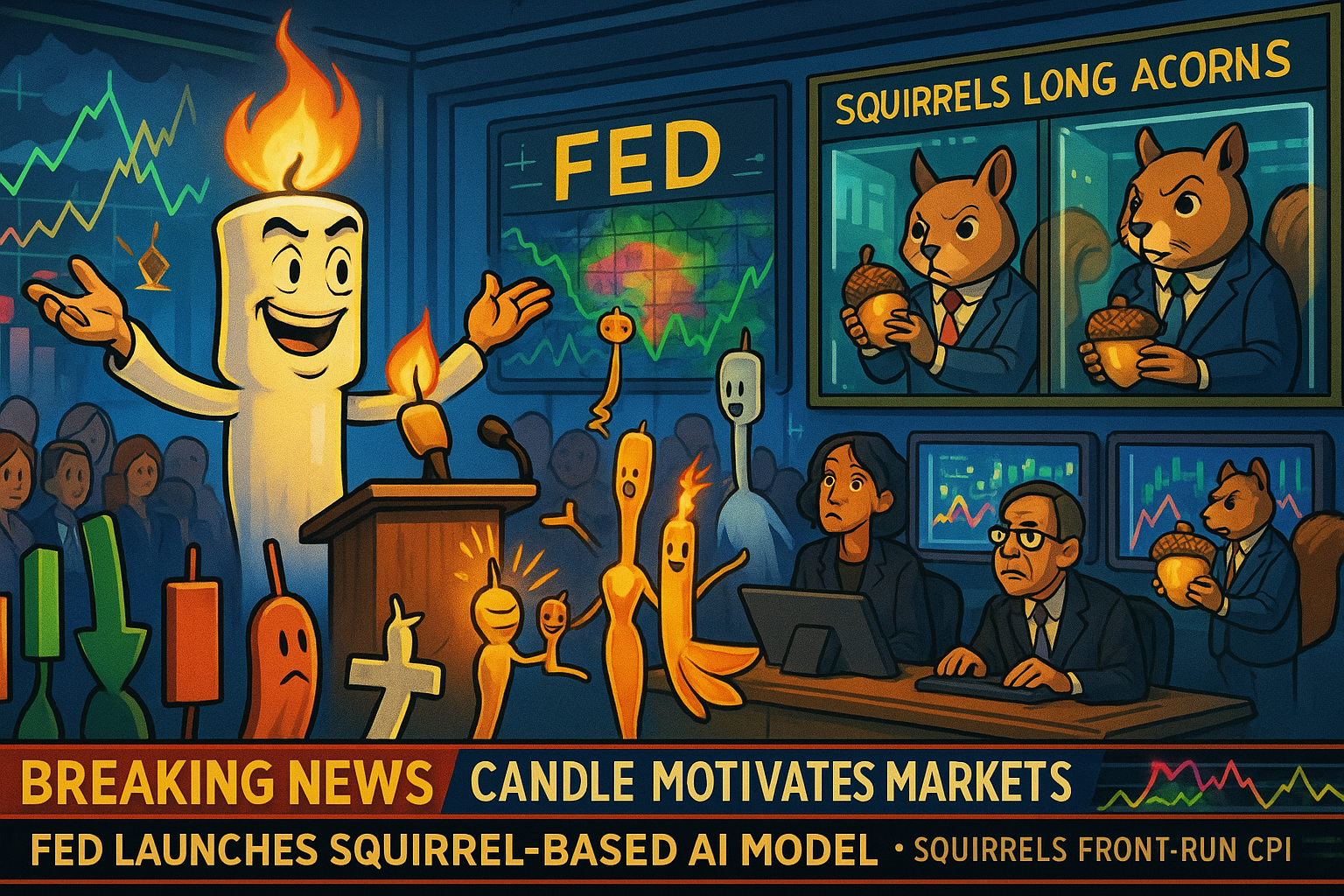 ChatGPT said: Absolutely — here’s some clear, descriptive alt text you can use for this image: Alt Text: A satirical digital illustration of a chaotic financial news studio. In the foreground, “Terry the Turnaround Candle” — a large, animated candle with a flaming wick and arms — delivers a motivational speech from a podium to a crowd of anthropomorphised candlestick chart patterns. One timid doji candle begins to glow, transforming into a confident dragonfly candle. To the right, Federal Reserve analysts stare nervously at screens showing squirrel hoarding data and AI heatmaps over Central Park. Business-suited squirrels hoard giant acorns behind glass, while news tickers declare “SQUIRRELS LONG ACORNS” and “BOLLINGER BREAKOUT IMMINENT.”