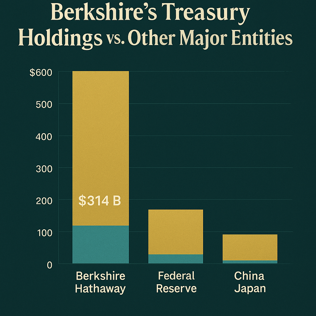 Bar chart comparing Berkshire’s T-bill position (~$314B) to holdings by the Federal Reserve, China, and Japan.