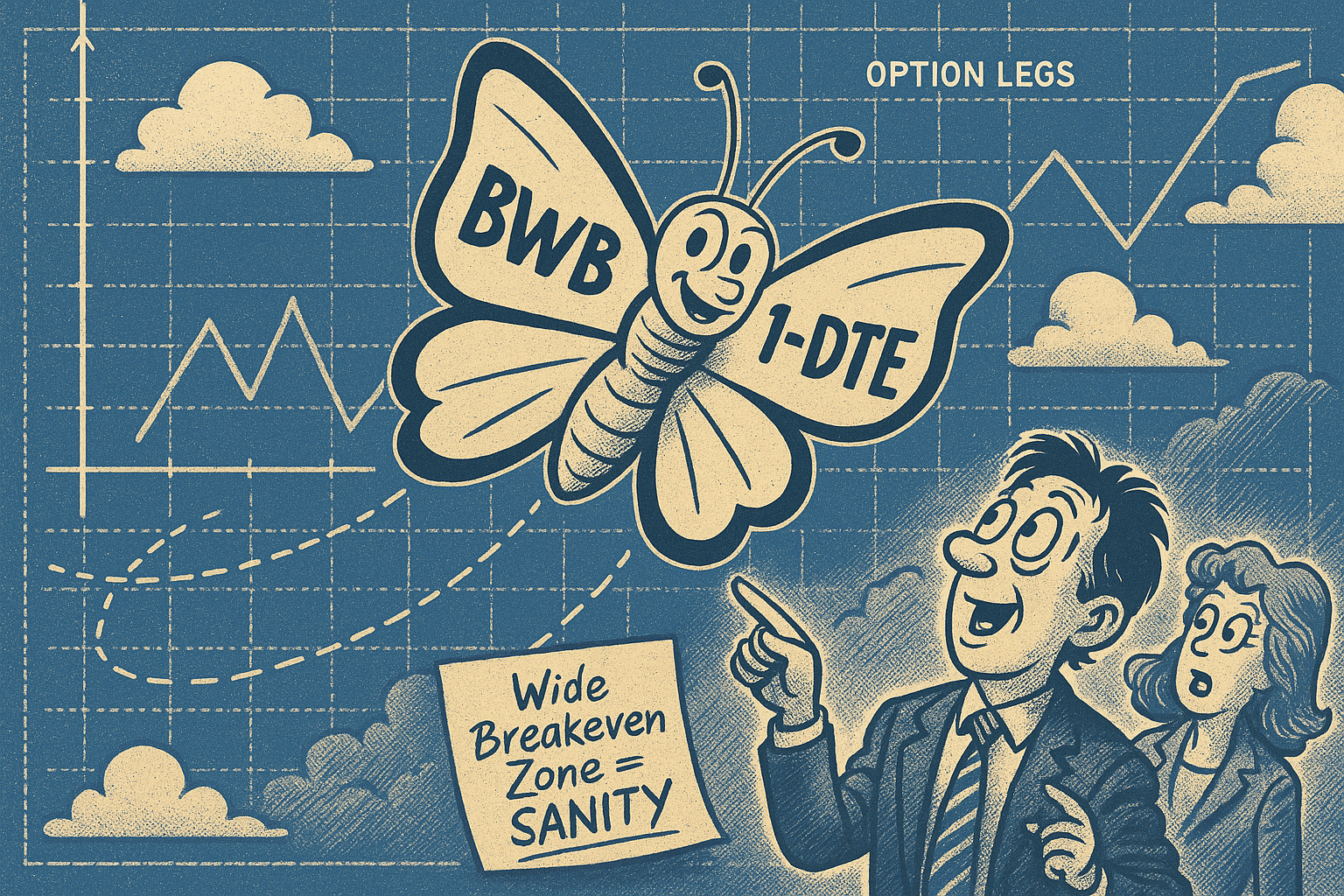 Cartoon butterfly flying through blueprint-style sky with option legs.