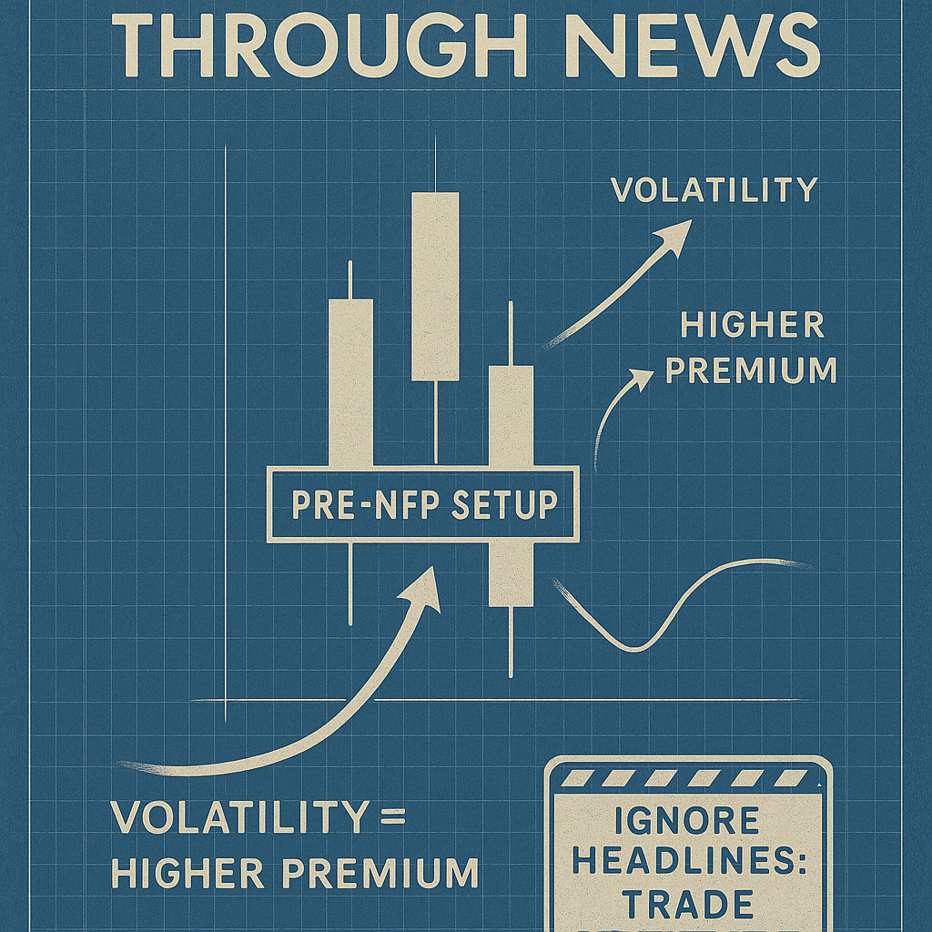 Blueprint-styled infographic showing how news amplifies structured trades.