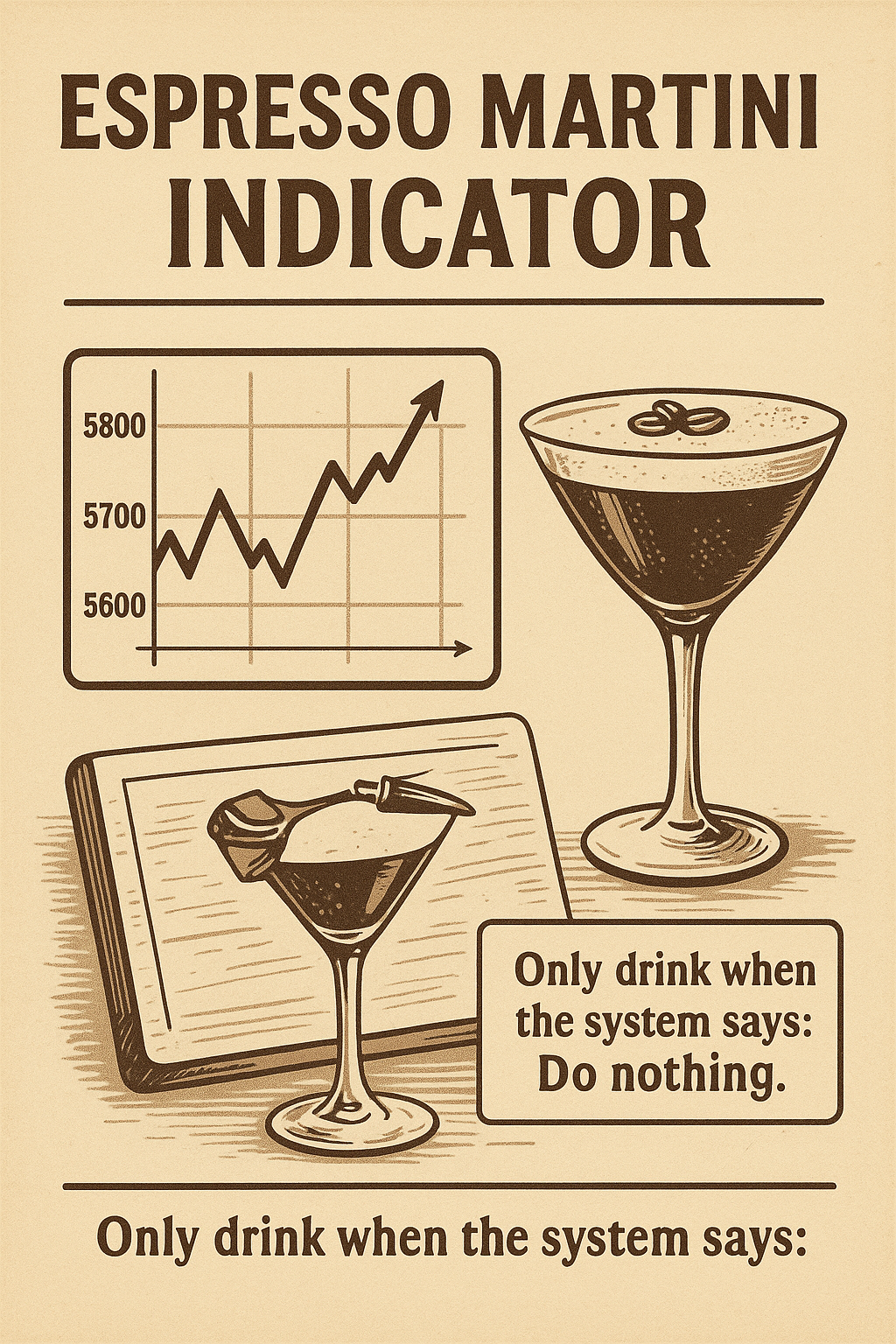 Vintage-inspired visual linking cocktail time with market patience.