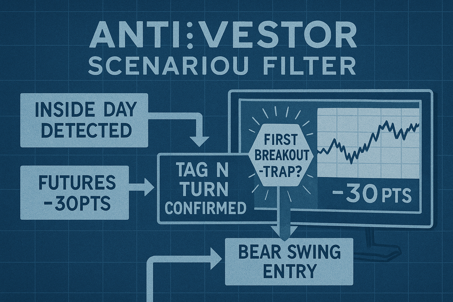 Retro blueprint showing trade filter logic for false breaks and bear swing setup.