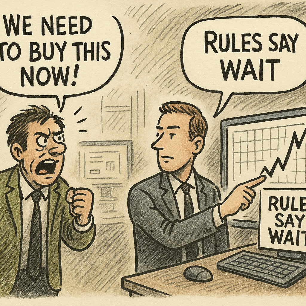 Cartoon showing emotional vs rules-based trading under pressure.