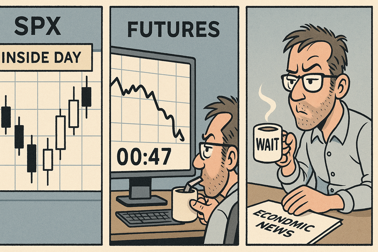 Comic-style sequence of a disciplined premarket plan on indecision days.