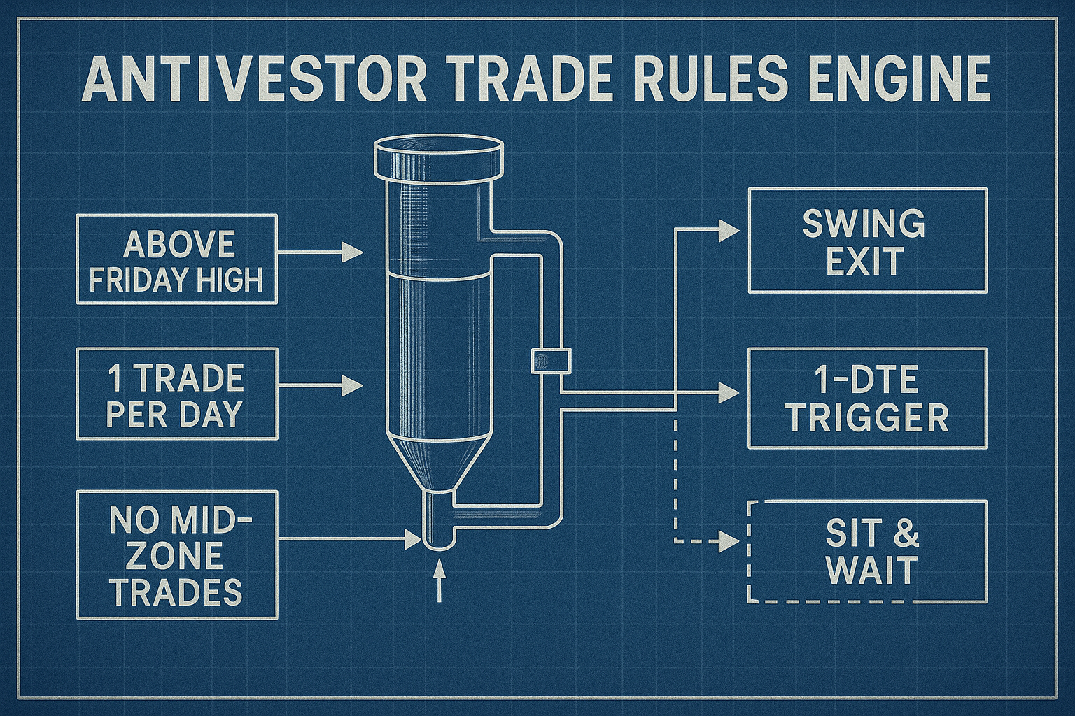 Blueprint-style schematic showing rule-based logic and action gating.