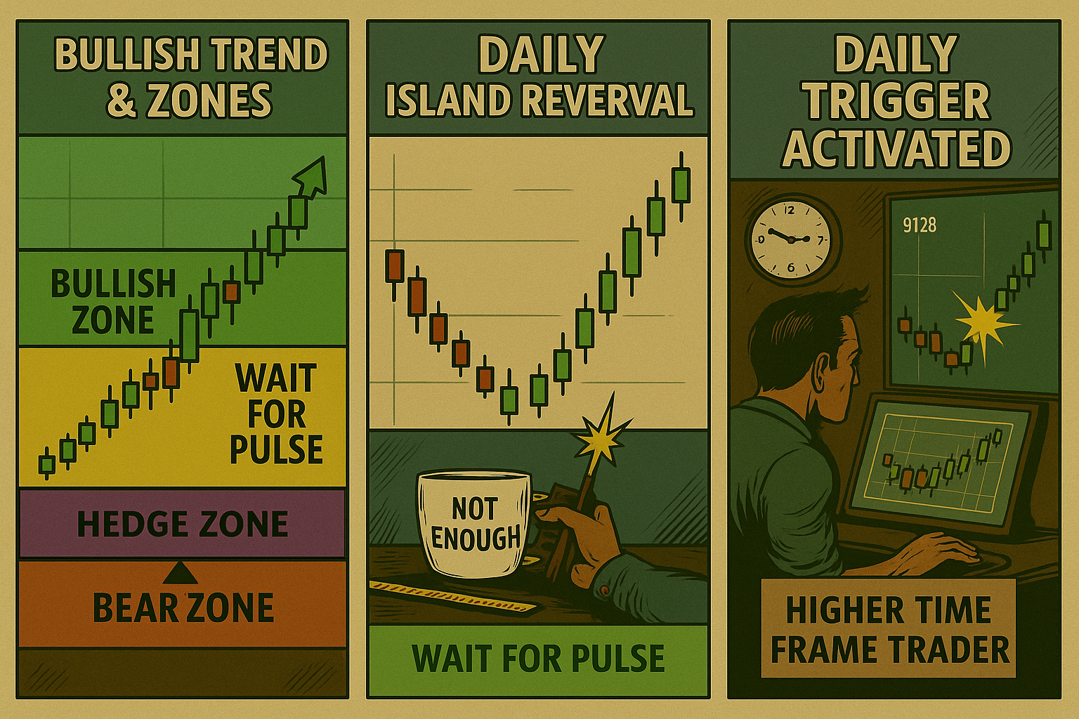 Explainer showing how visual zones + island reversal guide entry confidence