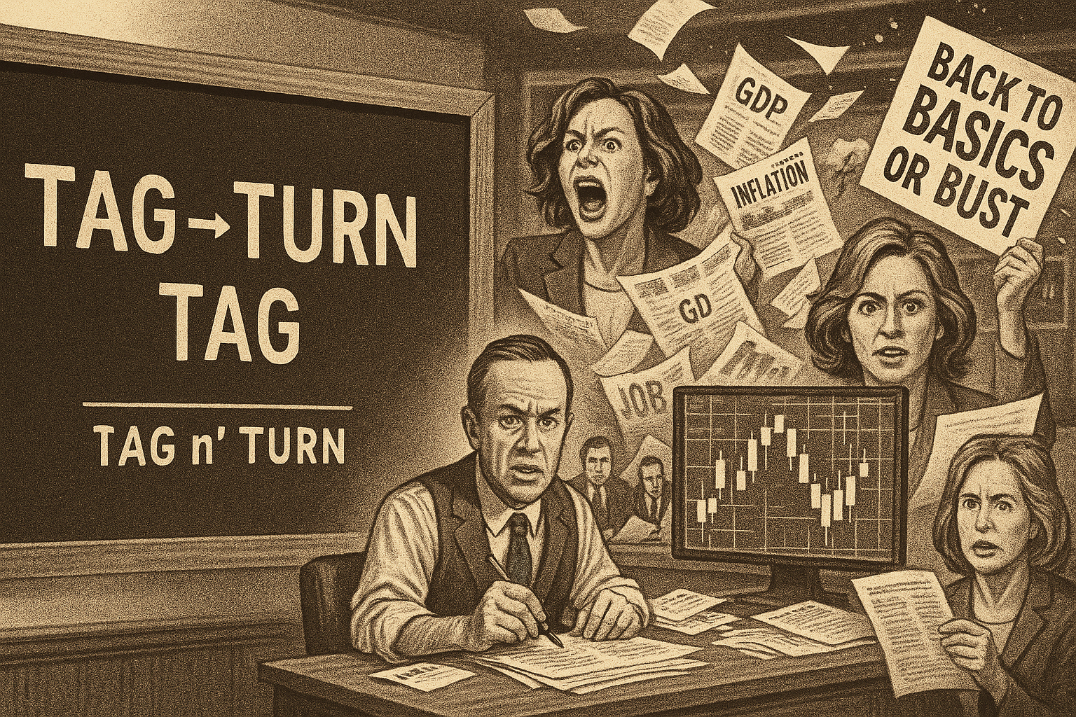 Chalkboard Tag n Turn diagram with chaotic newsroom action.