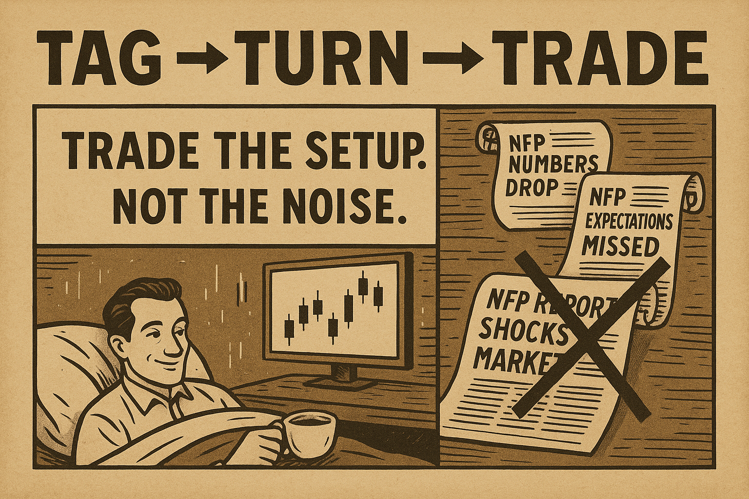Vintage chart showing clean trade structure above noisy data headlines.