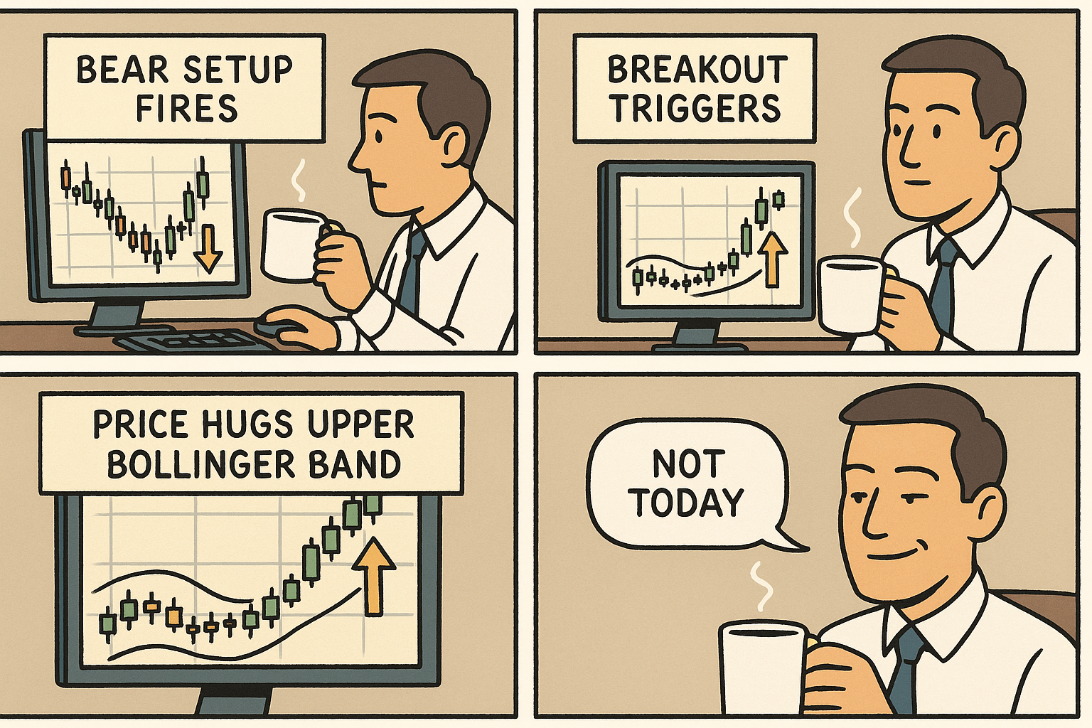 Educational comic showing how price context can override a mechanical bear trigger.