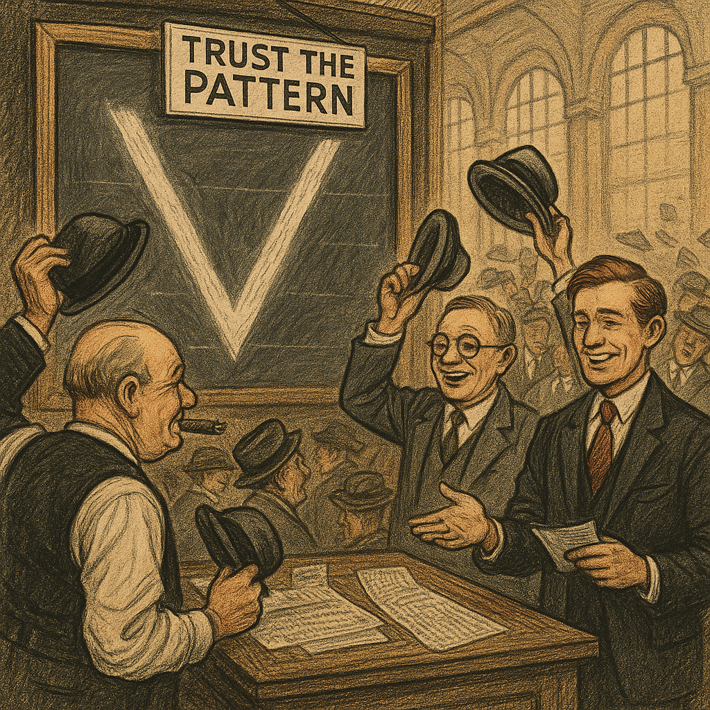 Vintage depiction of early traders recognising V-shaped reversals.