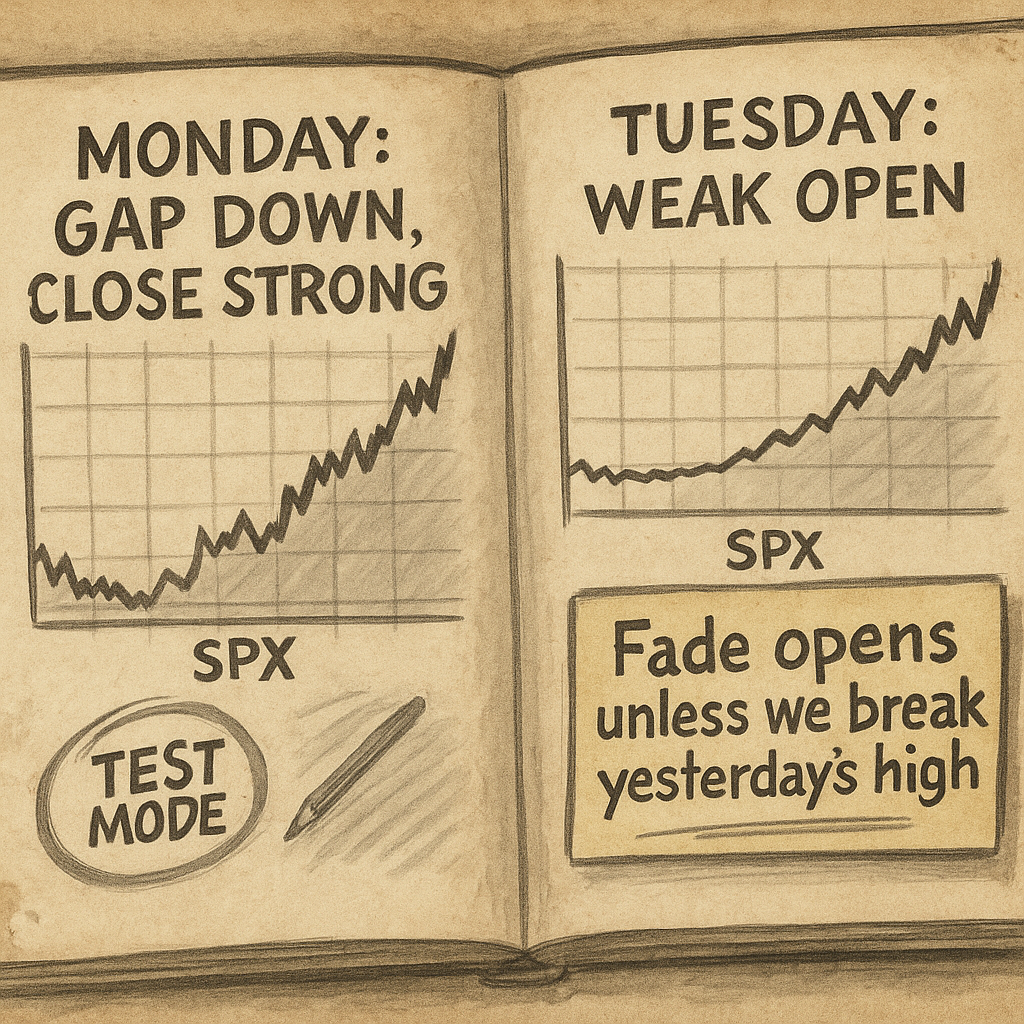 Vintage chart spread shows strong close followed by weak open, highlighting tendency to fade next-day gaps.