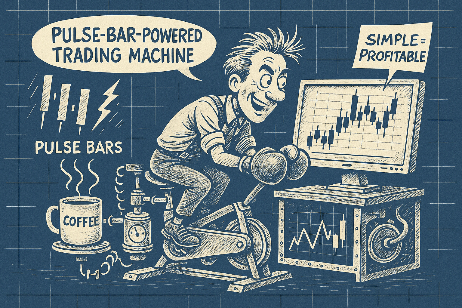 Comic blueprint of a pulse-bar-powered trading contraption.