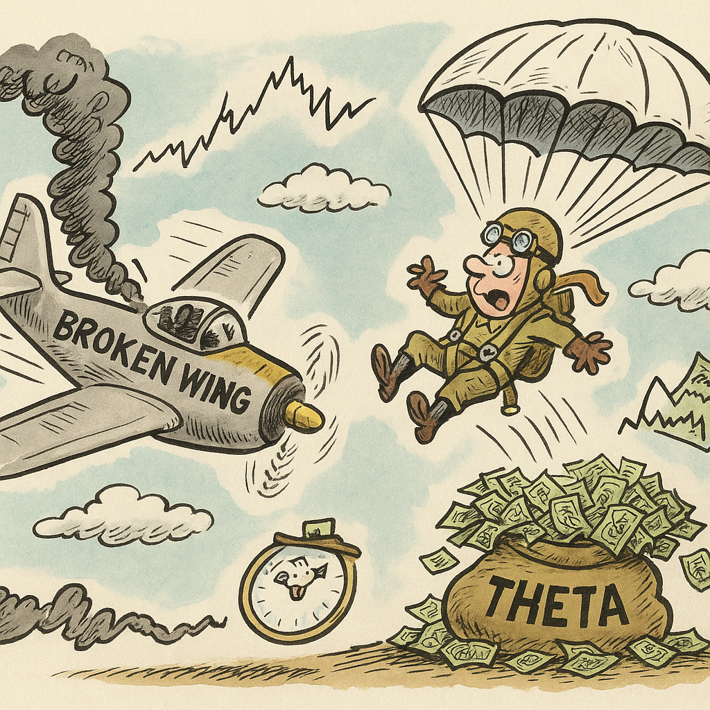 Cartoon metaphor for using broken wing butterflys in volatile markets.