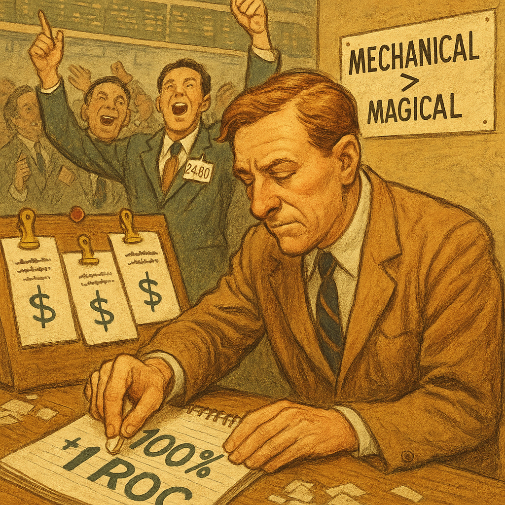Vintage nod to old-school profit confirmation rituals.