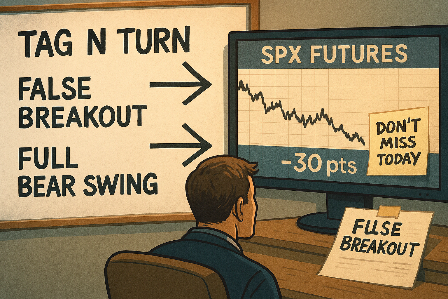 Visual plan showing multiple SPX morning trade scenarios with futures gap and reversal risk.