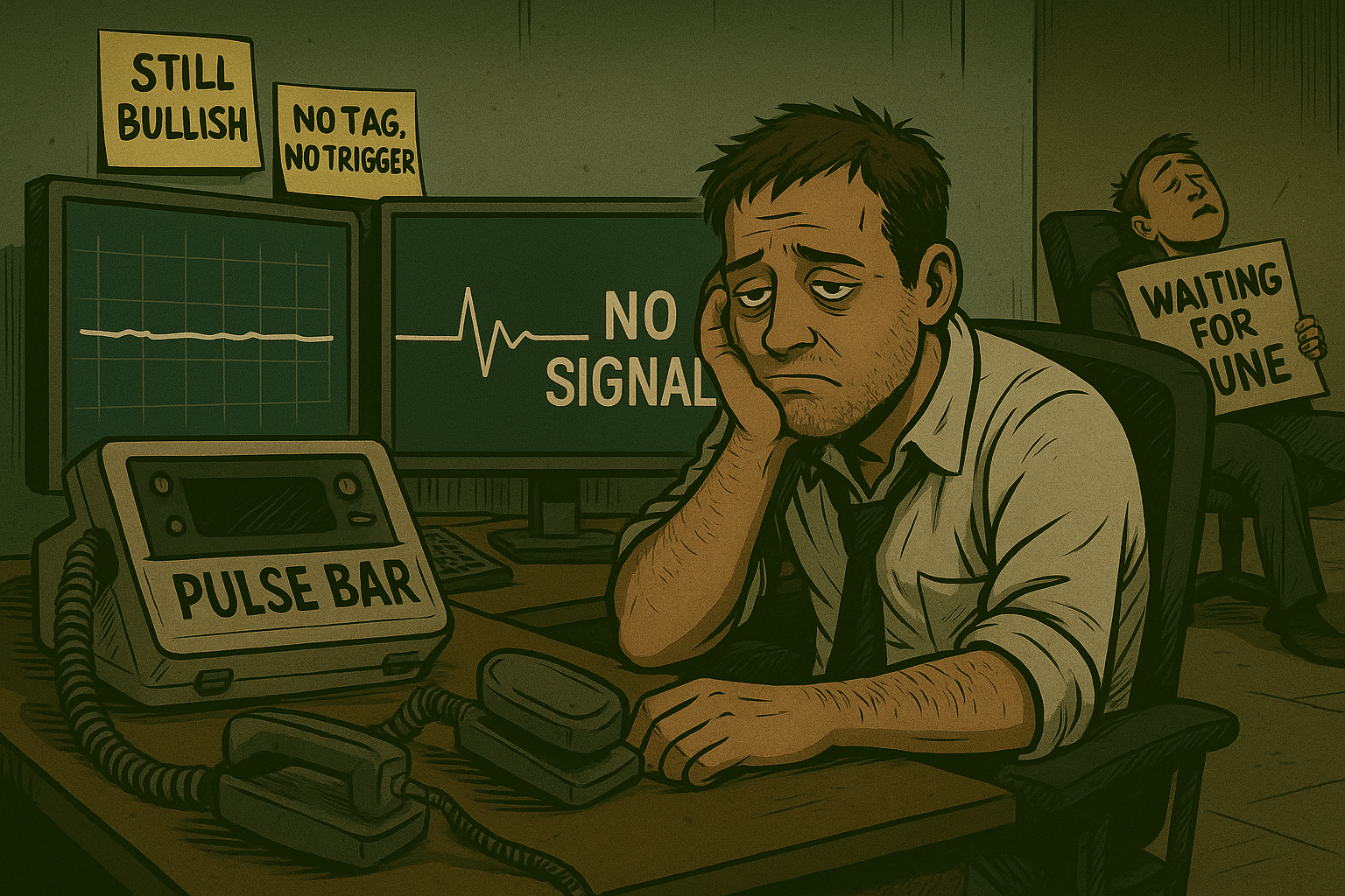 A satirical trading desk scene showing the market flatlining with no pulse bar signal.
