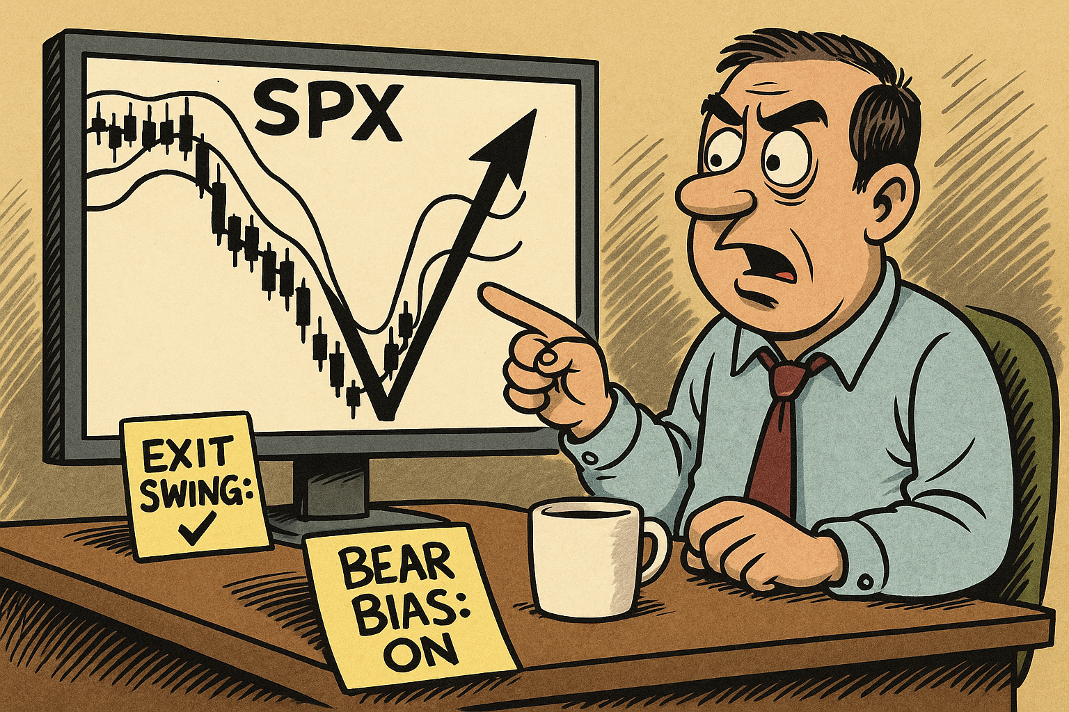 Cartoon showing trader reacting to a clean V-shaped reversal setup.