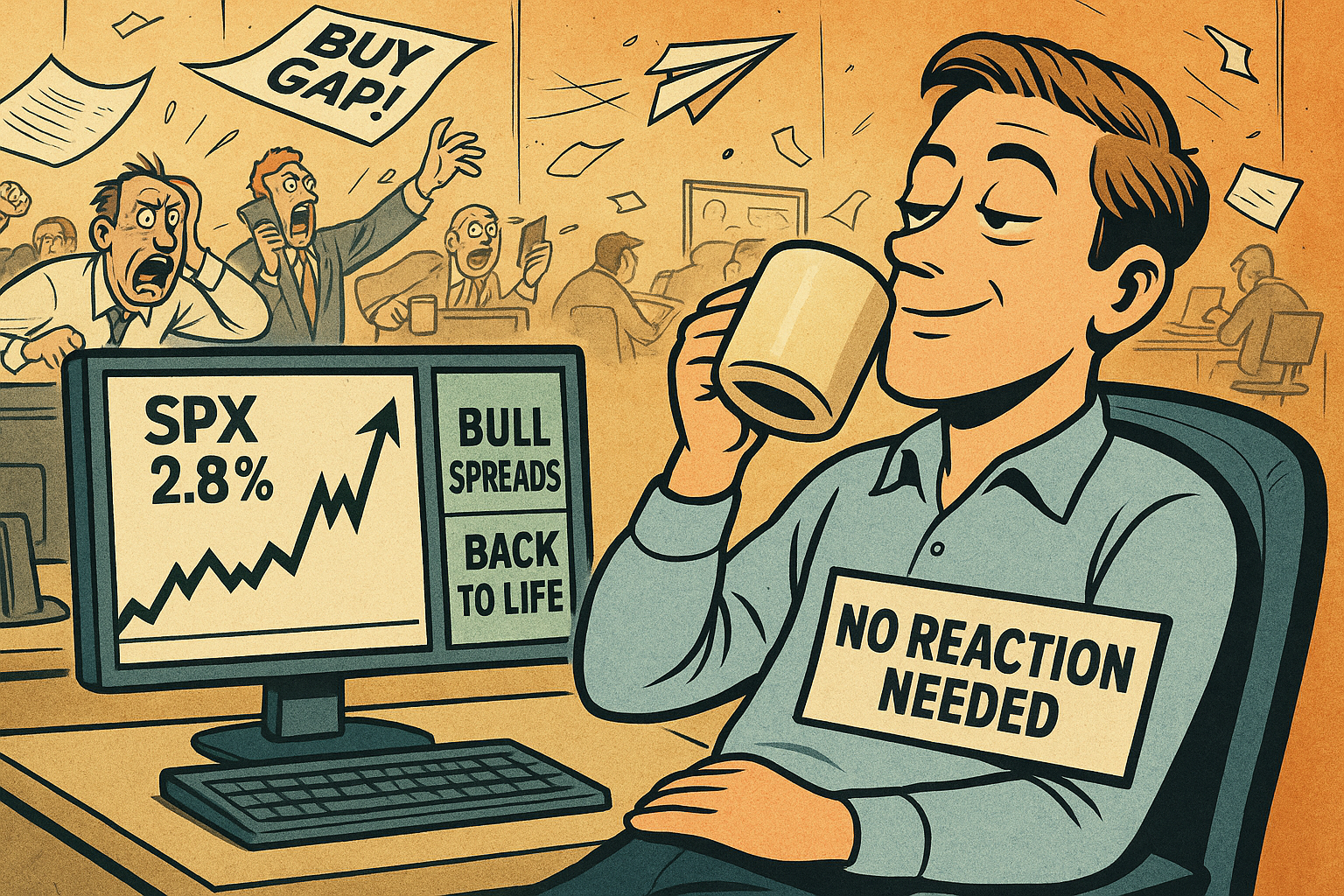 AntiVestor trader watches market gap calmly while others scramble.