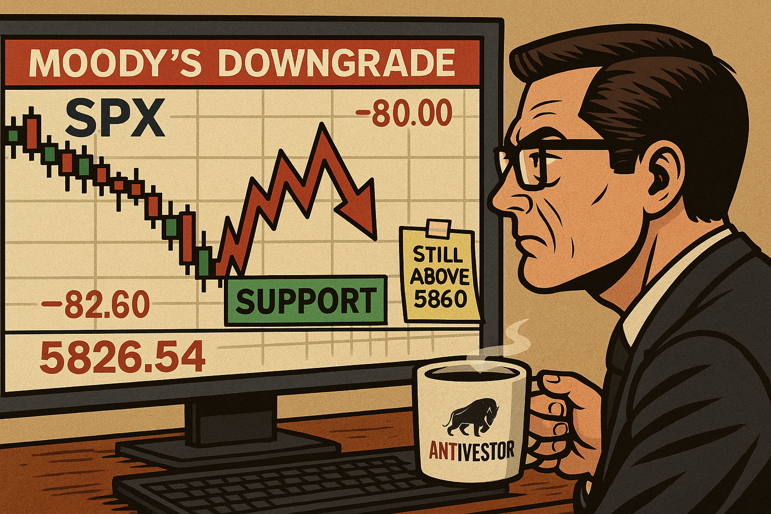 Trader calmly watches SPX gap into support after Moody’s downgrade.