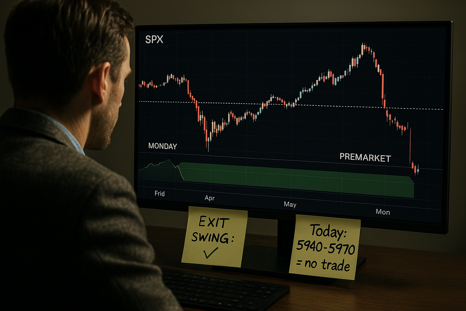 Visual recap of Monday’s setup and today’s no-action zone framing premarket outlook.