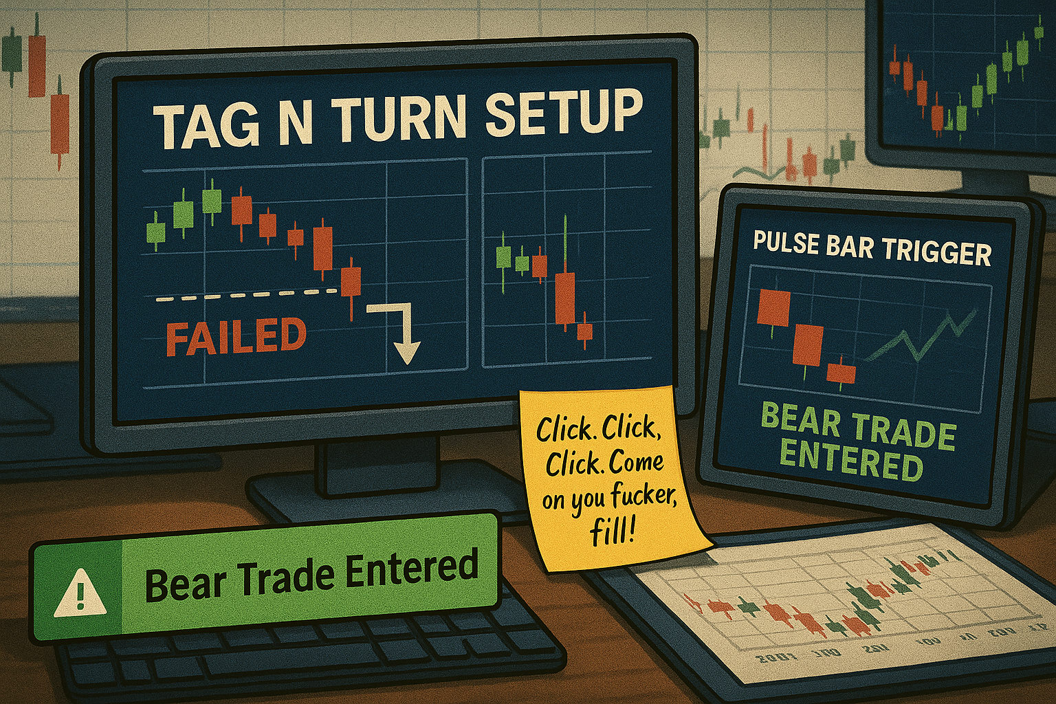 Visual showing trade transition from bullish setup to system-led bear entry.