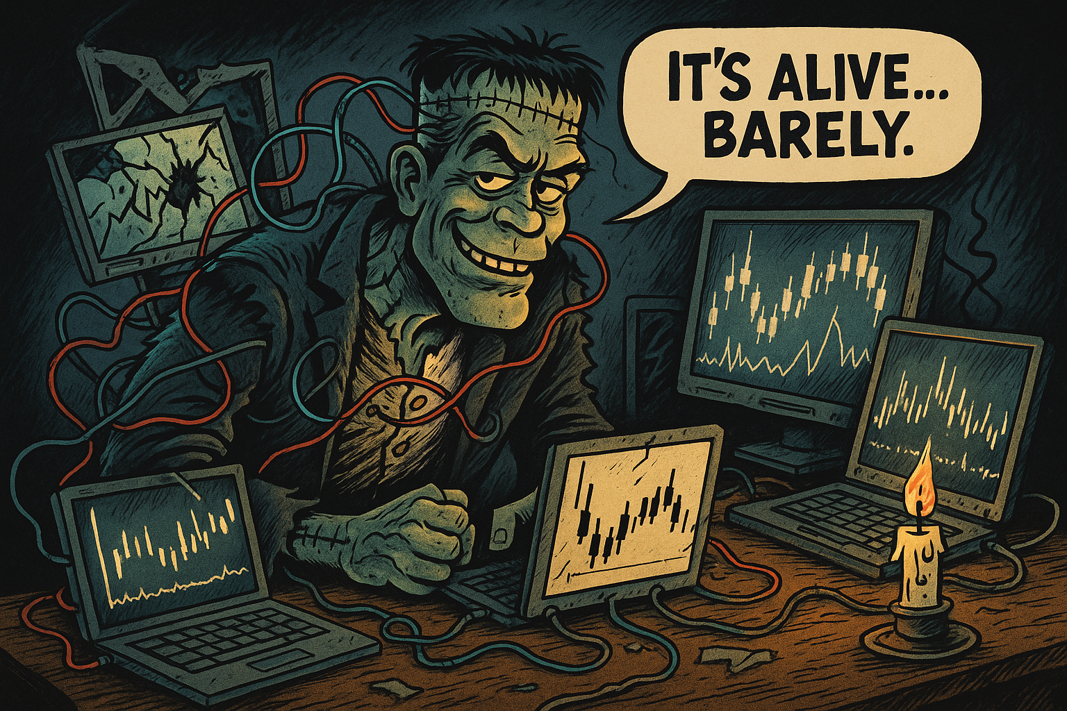Frankenstein-style trader built from broken tech and pulse bars.