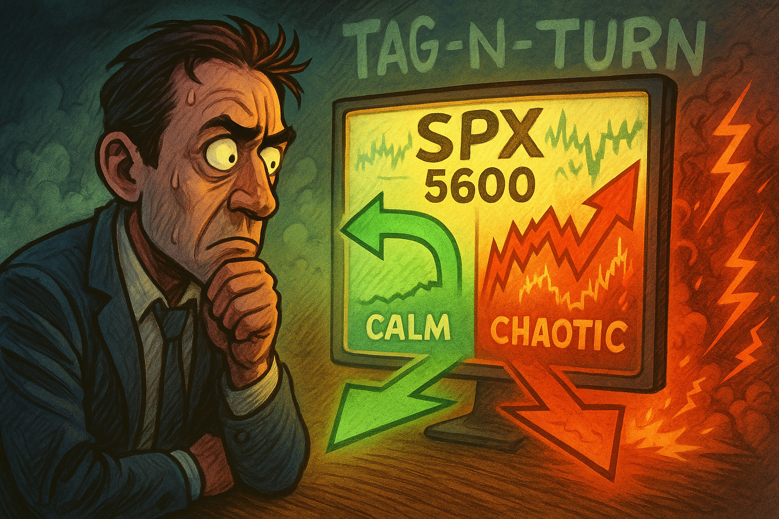 Cartoon of indecisive SPX setup splitting at 5600.