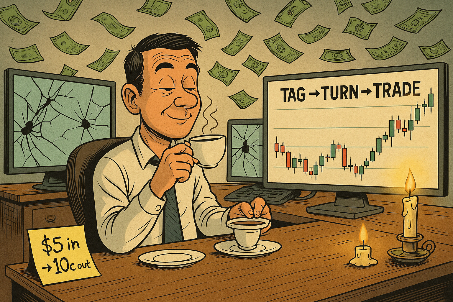 Calm trader after executing TnT setup for 98% income win.