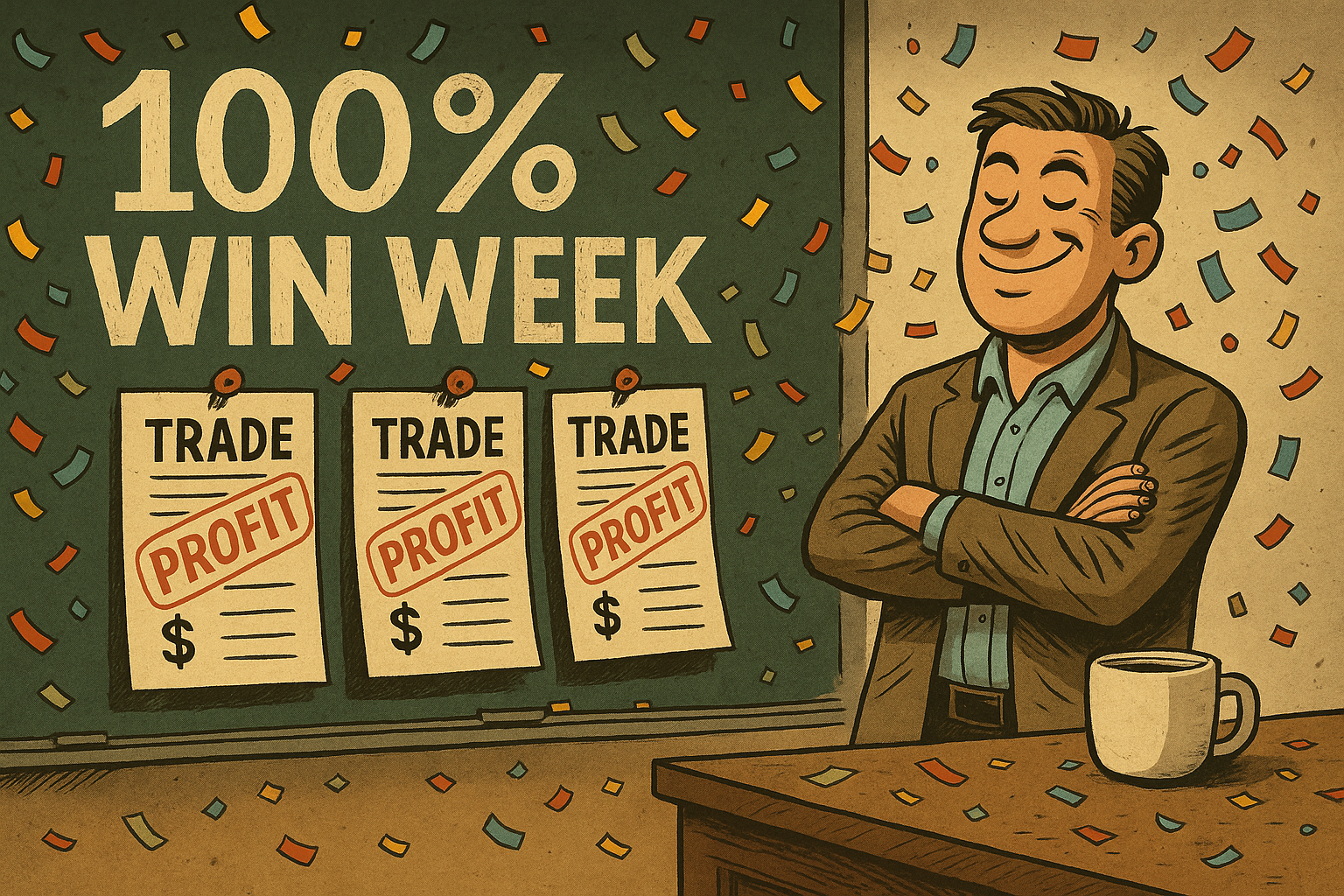 Cartoon celebration of 3-for-3 trading week.