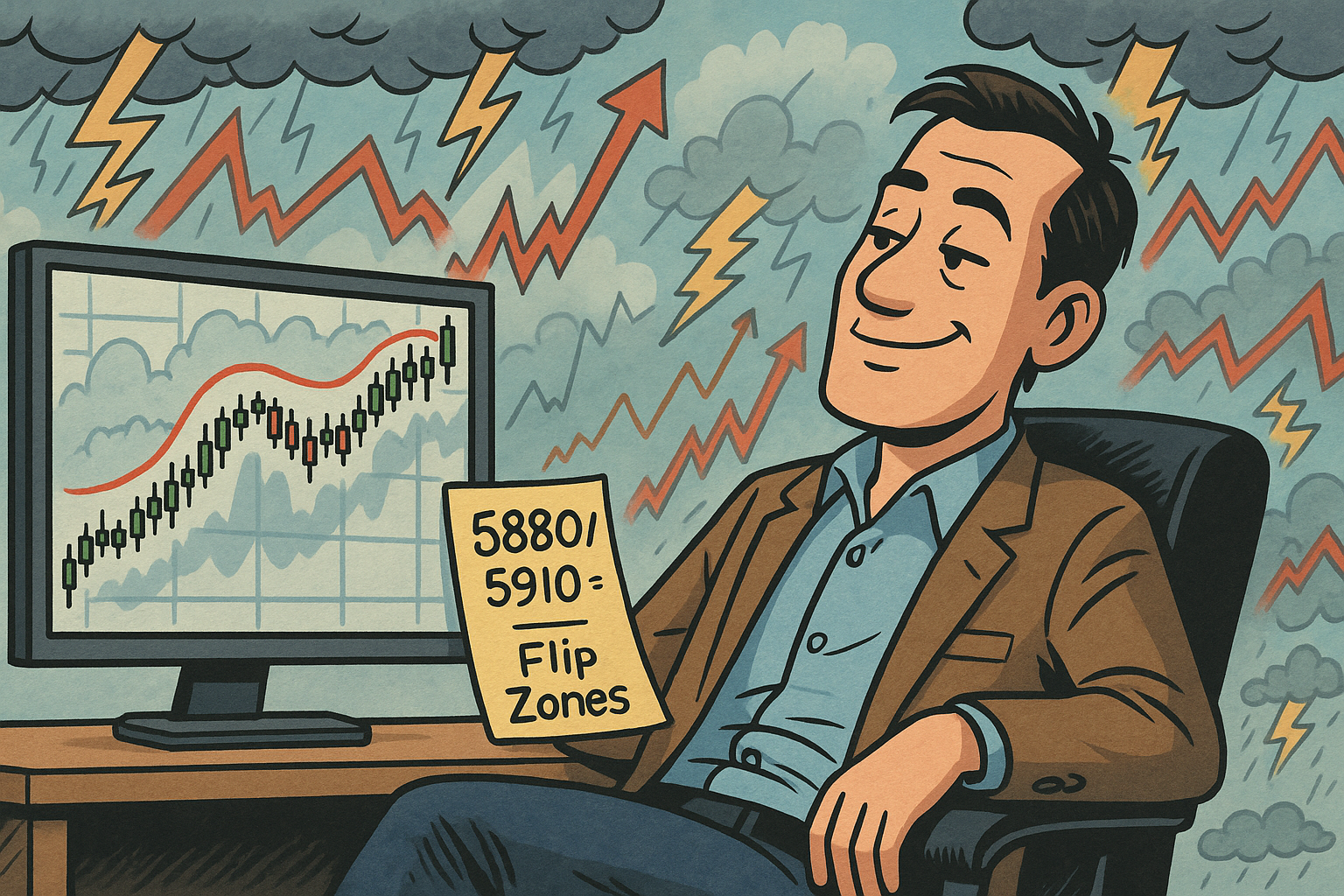 Visual showing SPX trader calmly tracking bull/bear trigger zones while price clings to upper Bollinger Band.