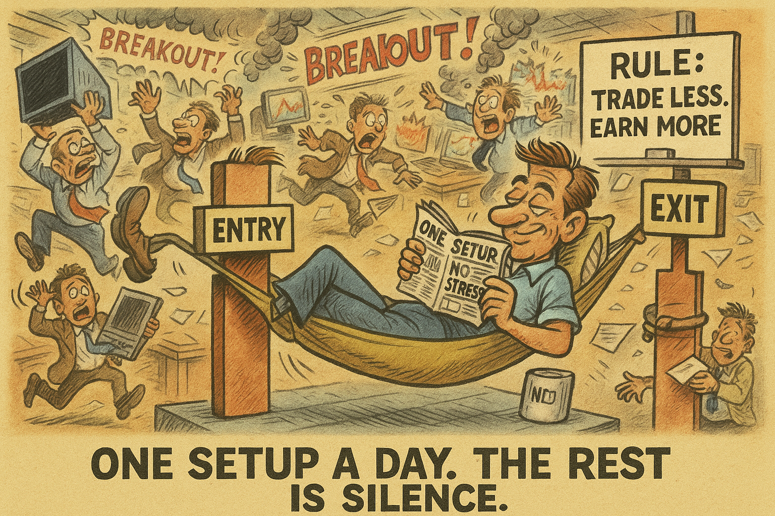 Chaotic trading floor contrasts with one calm trader lounging in a hammock between entry and exit bars.