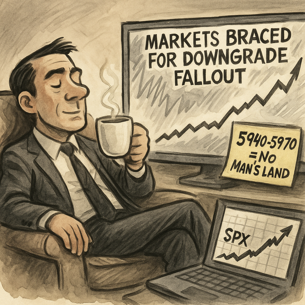 Satirical cartoon showing calm trader marking clear range while ignoring headline chaos. 