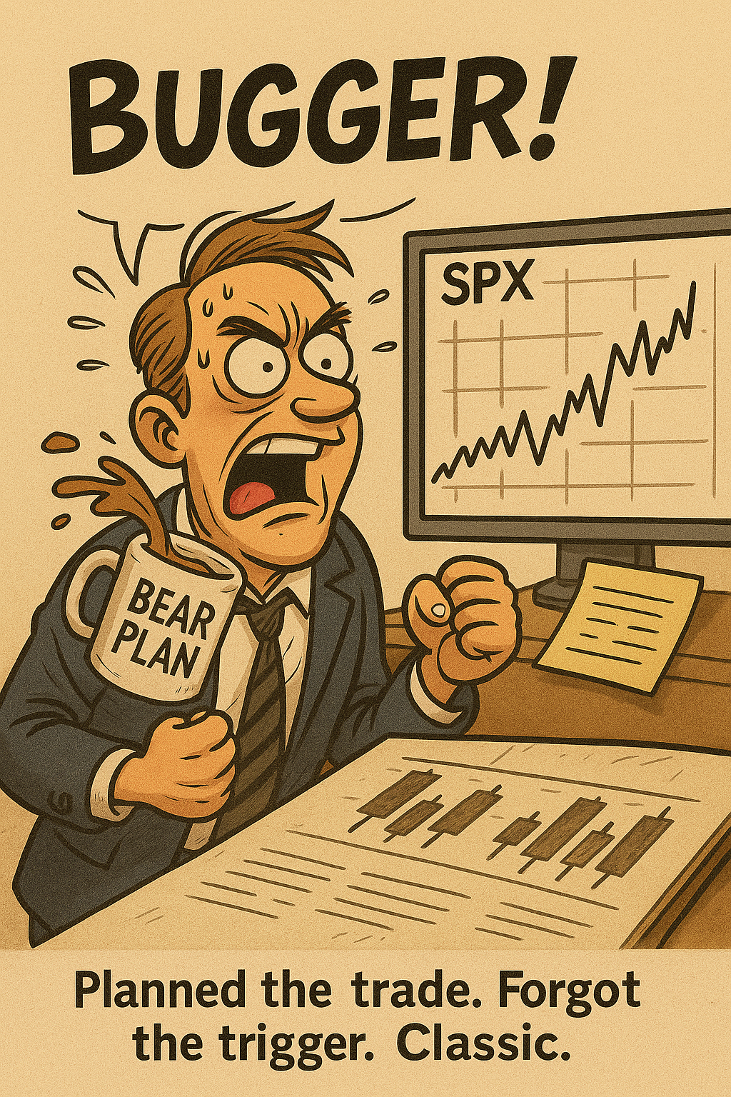 Cartoon showing trader reacting to missed setup while the system performs.