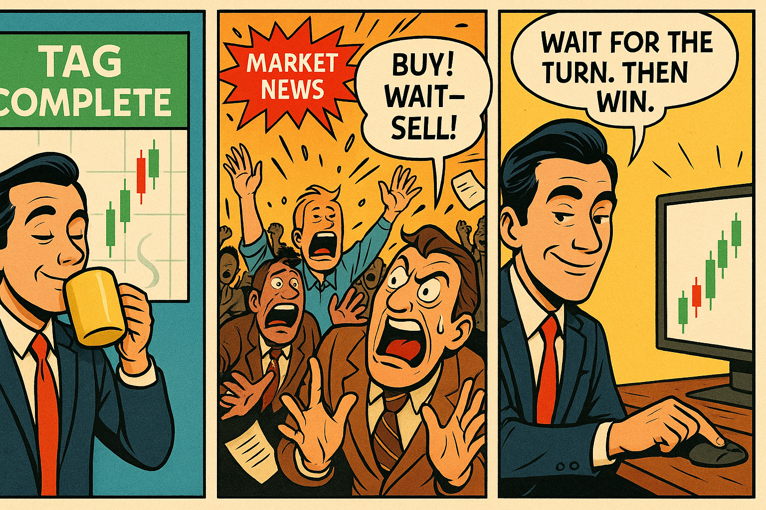 Comic showing structured trader calmly acting while others panic over news.