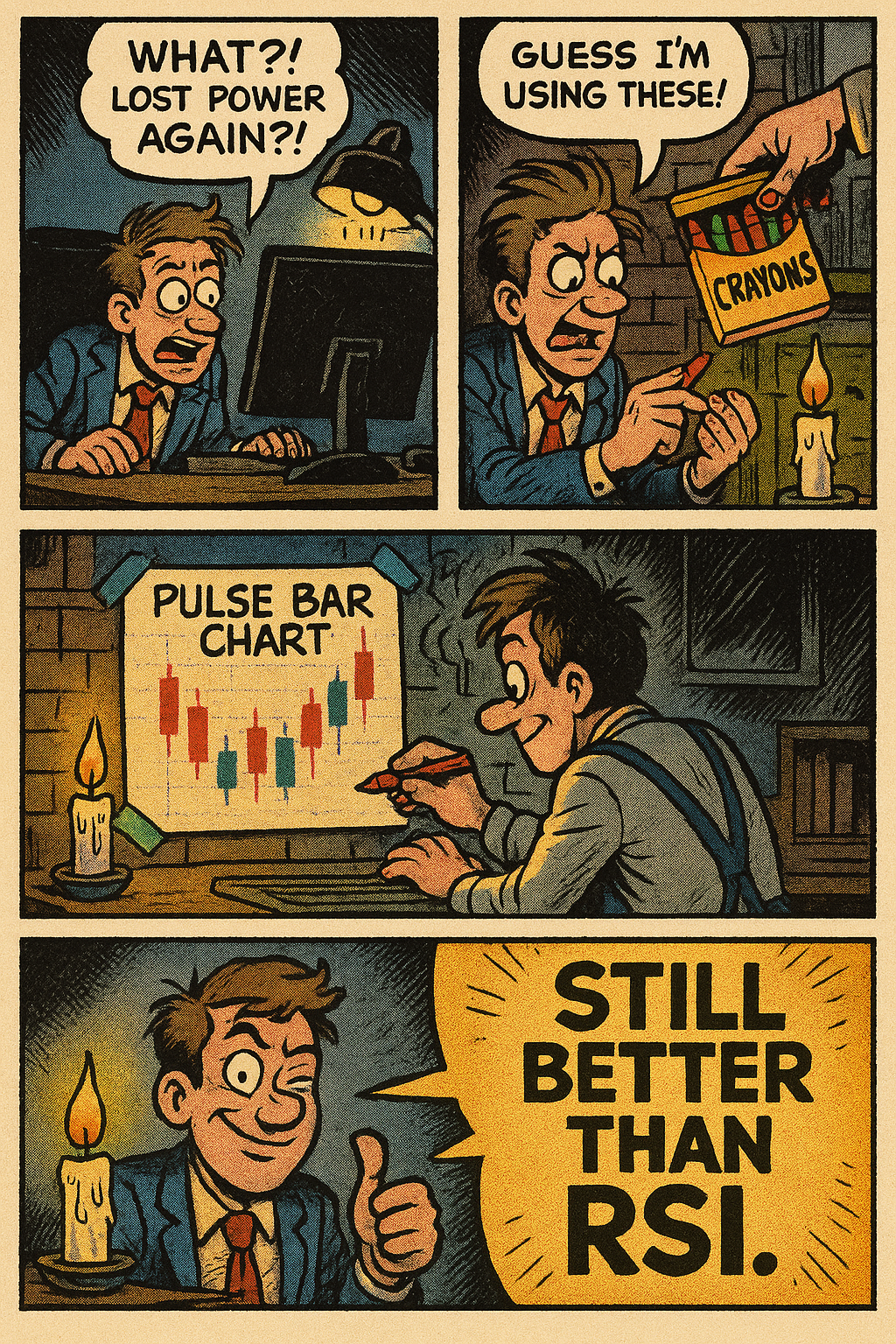 Trader hand-drawing pulse bars after tech failure, candlelit trading chaos.