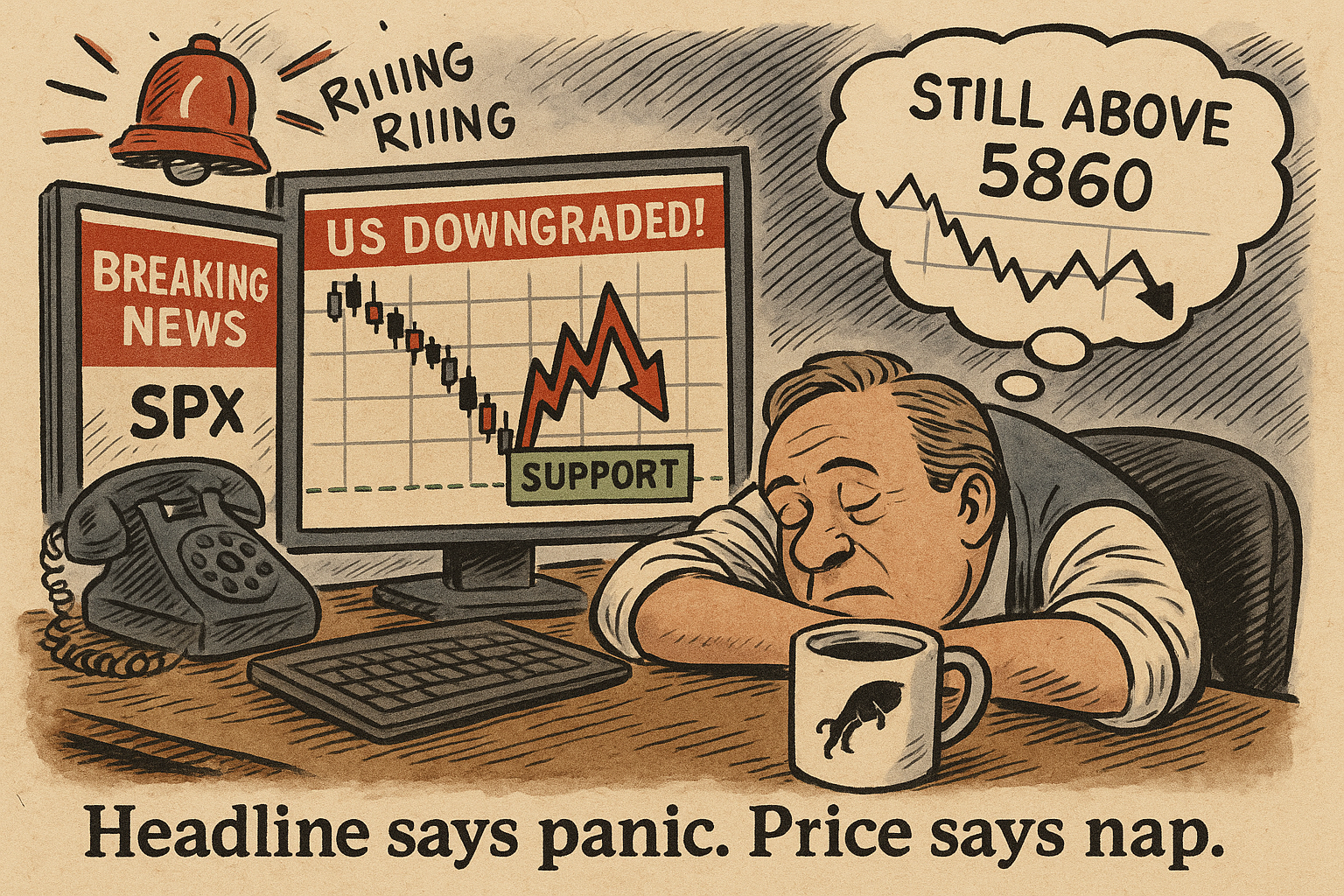 SPX trader snoozes calmly as downgrade chaos erupts around them, holding above key level. 