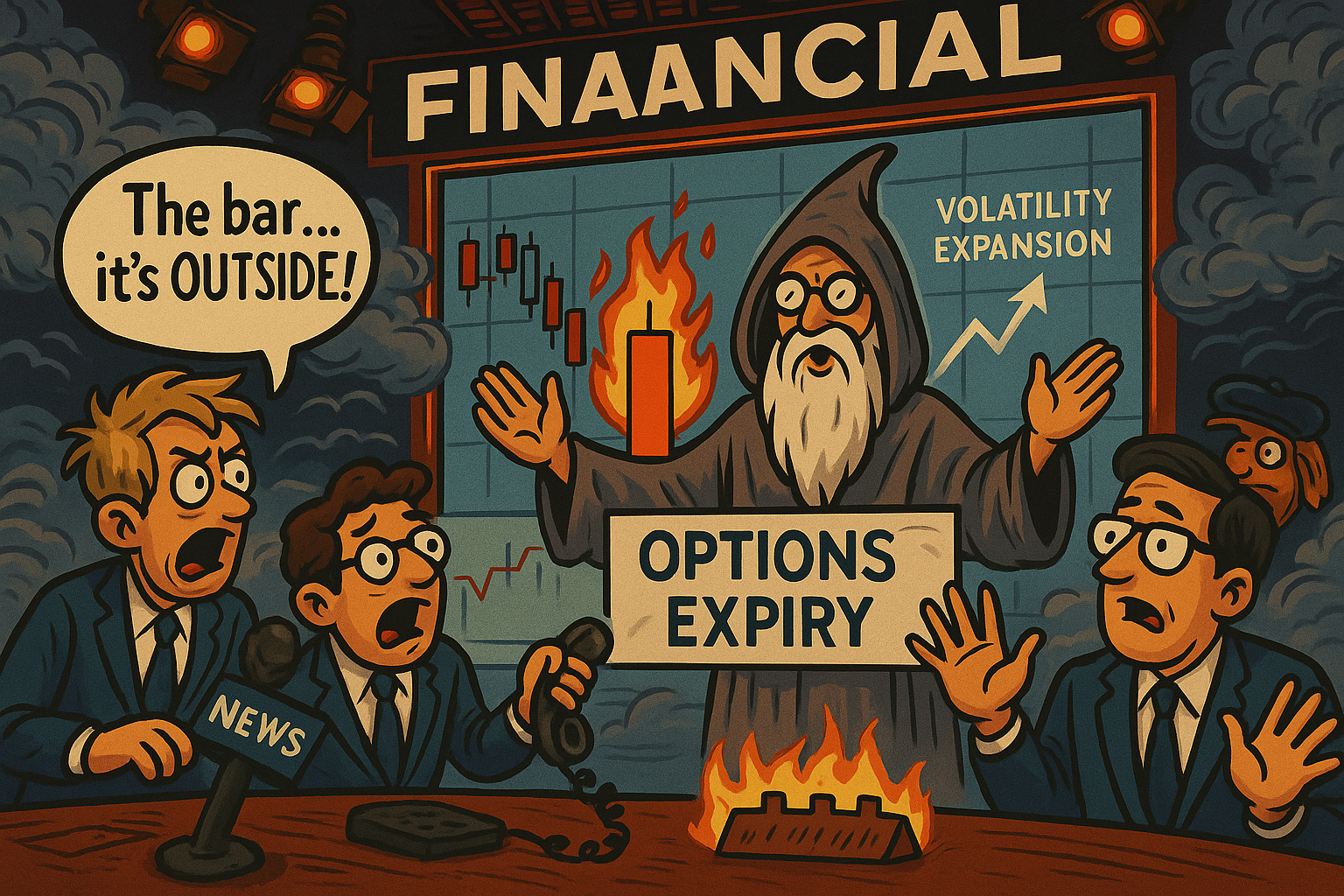 Market satire showing spiritual intervention during options expiry.