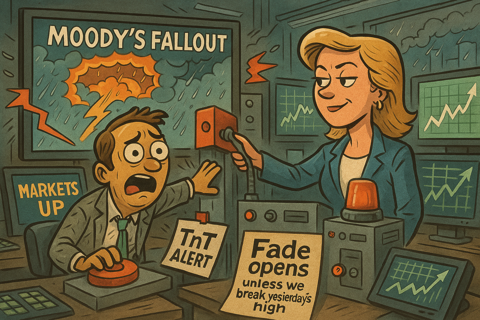 Satirical newsroom skit mocking headline panic vs system calm.