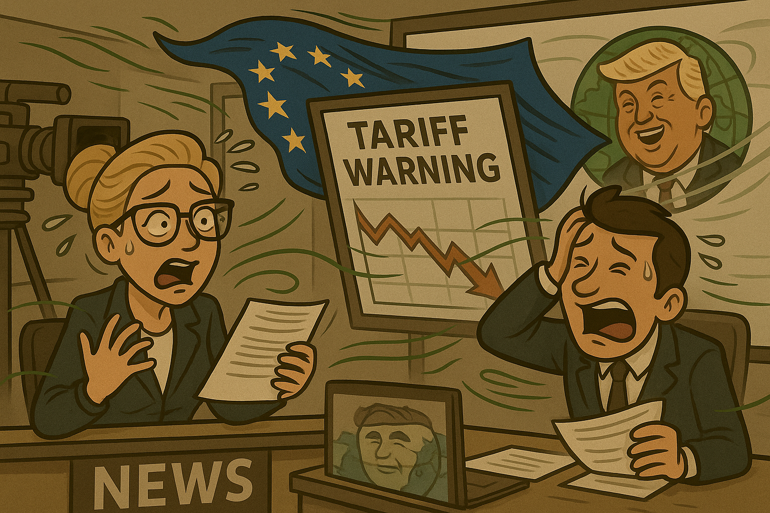 Satirical scene of tariff warning vanishing after political U-turn