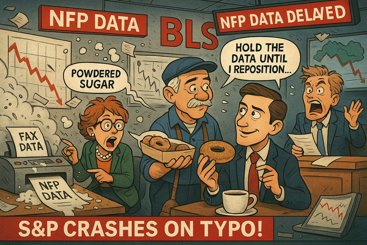 Satirical newsroom chaos showing NFP delay over donut bribery.