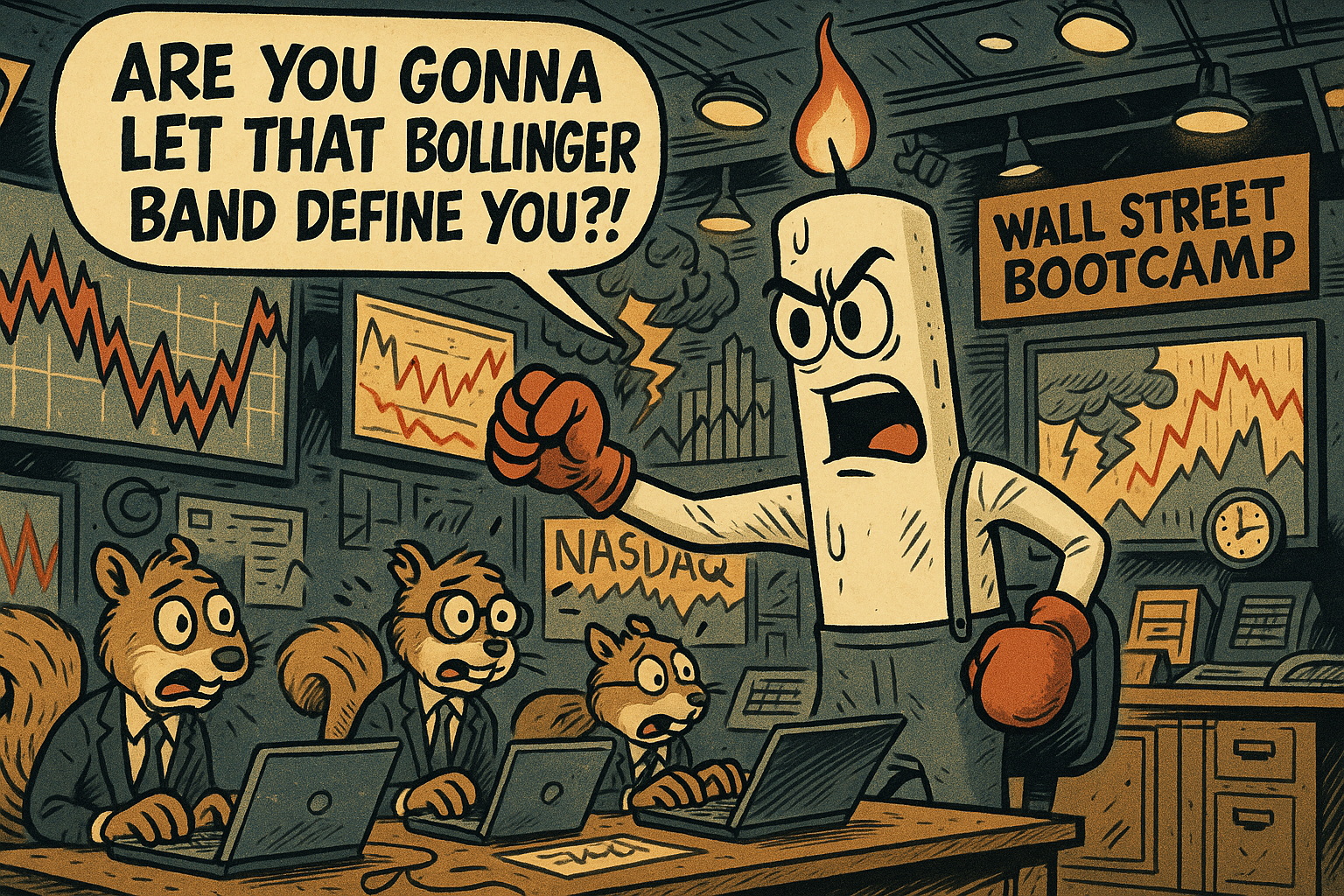 Motivational candle and squirrel traders in chaotic market bootcamp.