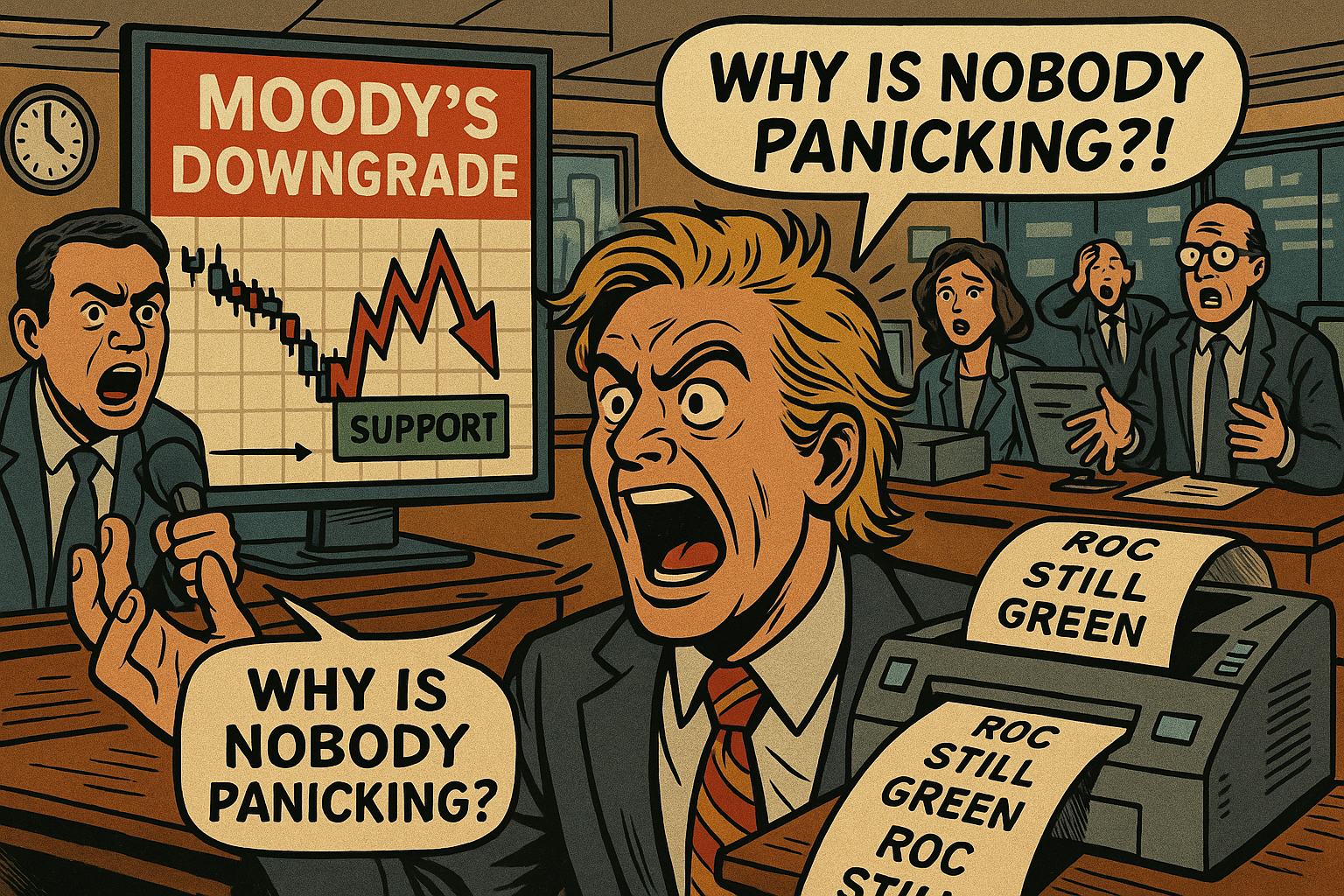 Satirical newsroom scene mocking the market’s calm reaction to a major credit downgrade. 