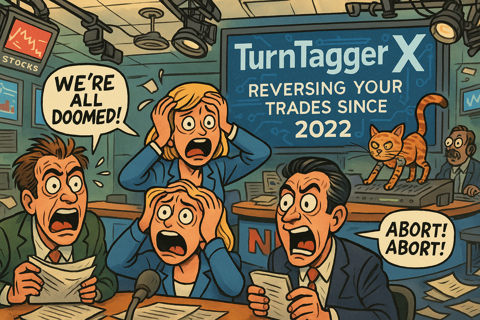 Satirical image of algorithmic AI trading against retail setups.