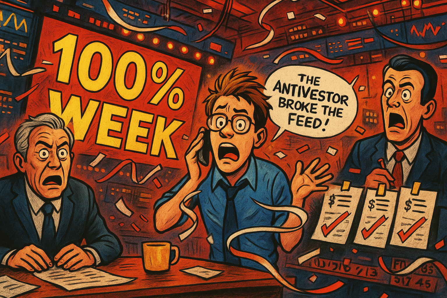 Satirical image of market reacting to flawless trade execution.