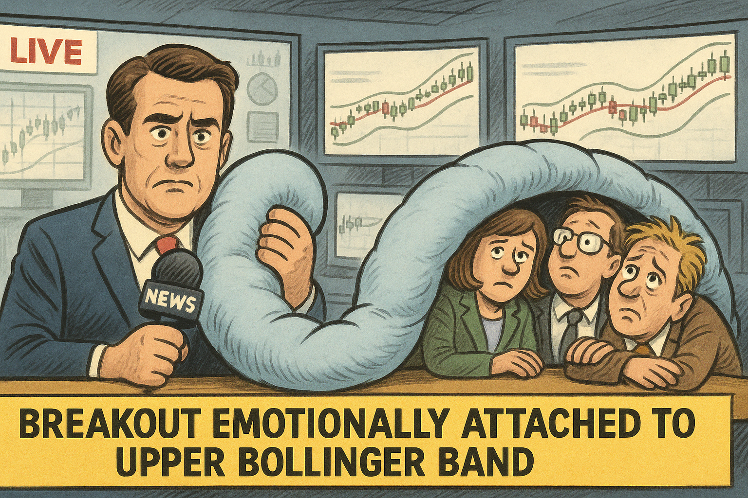 Comedy visual showing traders emotionally attached to the upper Bollinger Band breakout.
