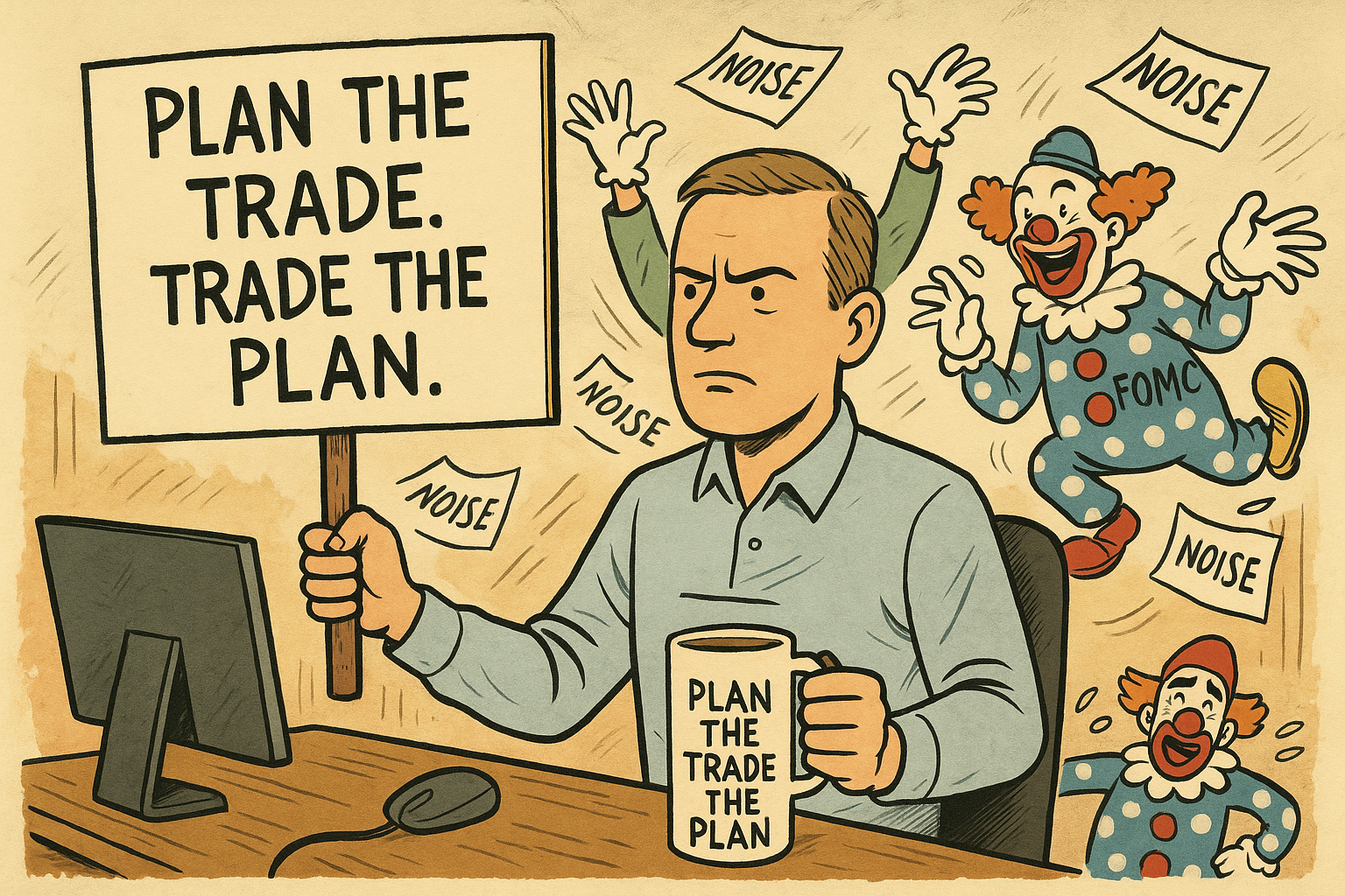 Satirical cartoon of staying disciplined during news events.